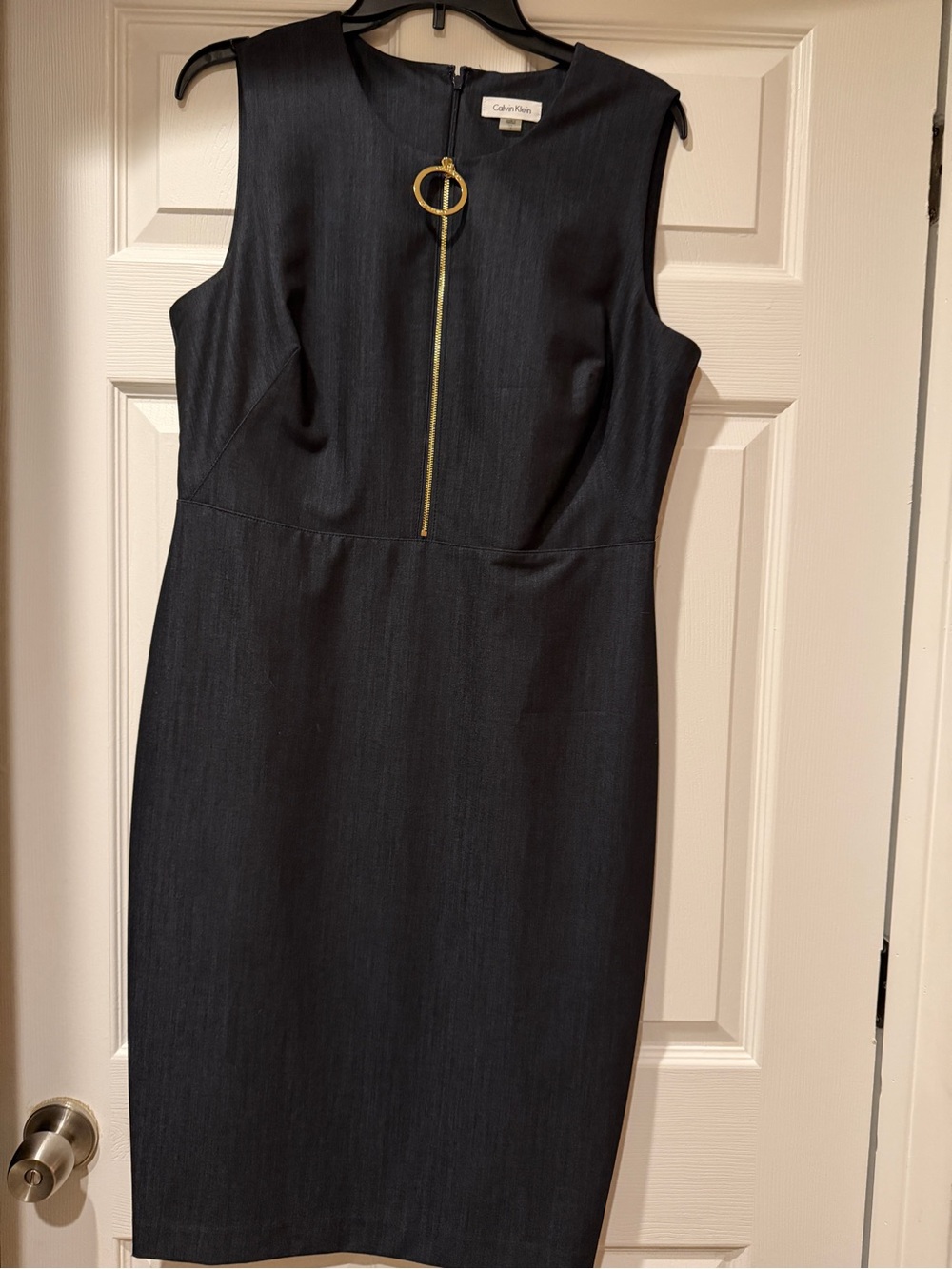 Calvin Klein Black Sleeveless Sheath Dress with Gold Ring Zip